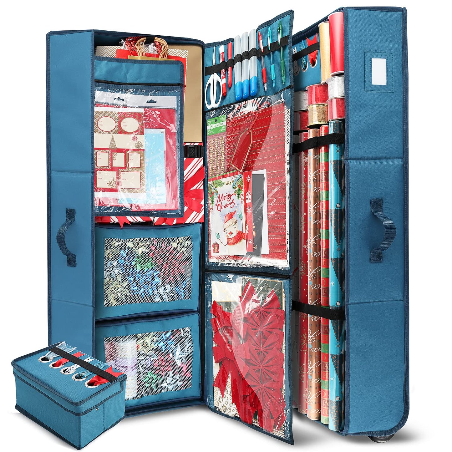 Hearth & Harbor Wrapping Paper Storage Container with Ribbon Dispenser and Interior Pockets - Large Christmas Storage Containers with Wheels, Fits 30 Rolls of 40" Length, Blue