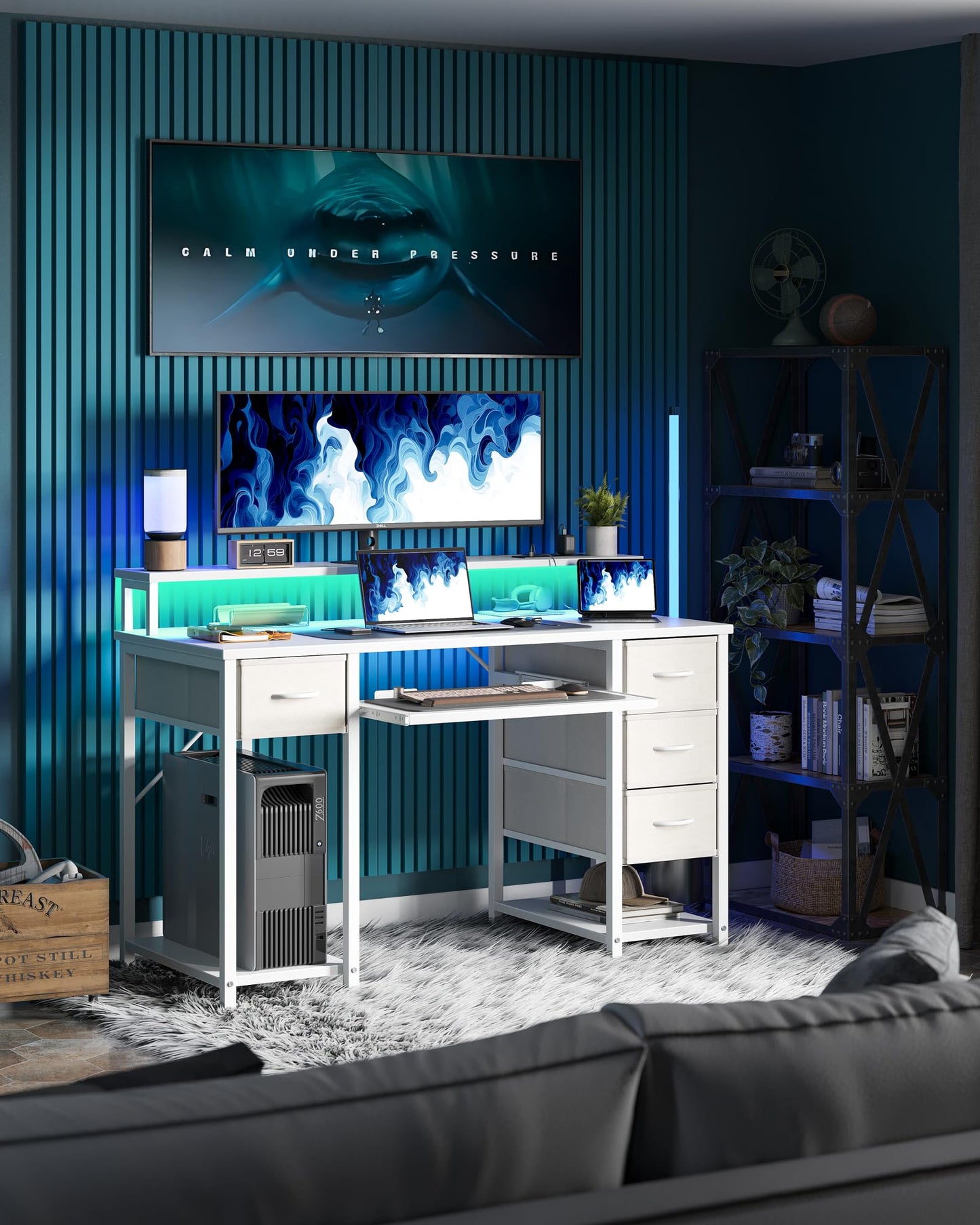 TIQLAB Computer Desk with Drawers and Power Outlets, 47 Inch Gaming Desk with LED Lights, Home Office Desk with Monitor Stand and Keyboard Tray, Study Writing Work Desk for Home Office, White