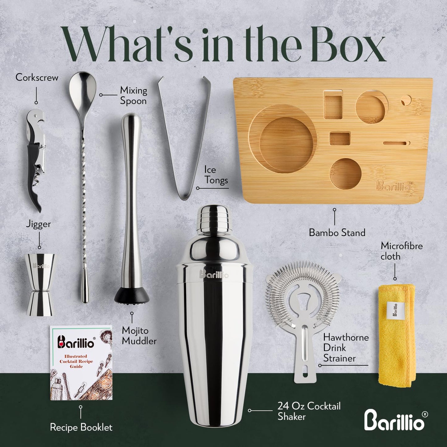 Barillio Bartender Kit - Stainless-Steel Cocktail Shaker Set with Bamboo Stand - Mixology Bar Tools w/Shaker, Drink Mixer Spoon & Muddler for Cocktails - Home Bar Accessories - 10-Pc Bar Set - Silver