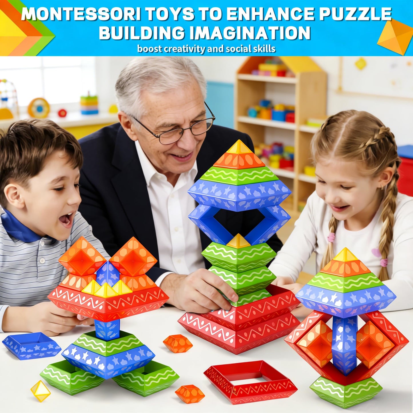 Doloowee 30 Pcs Building Blocks Toys for Ages 3 4 5 6 Toddlers, Pyramid Stacking Toys, 3D Montessori Preschool Learning Blocks for Kids, Stem Educational Pyramid Magic Tower Gifts Set