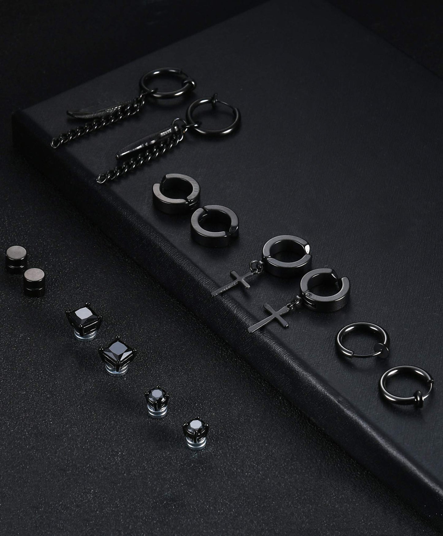 Ofeiyaa 7 Pairs Magnetic Stud Earrings Stainless Steel CZ Clip On Earring Non-Piercing Huggie Hoop Earring Chain Feather Pendant Drop Dangle Earrings Set For Women Men Black Silver Tone