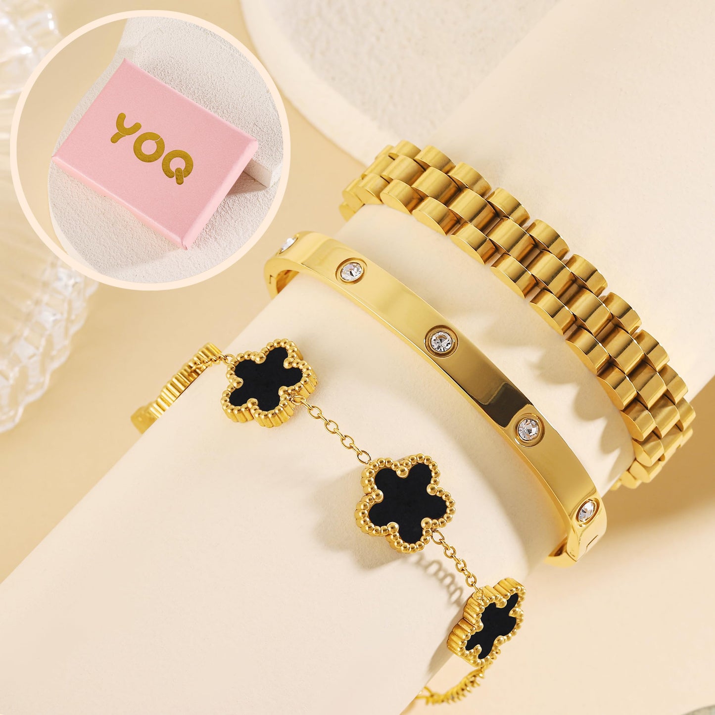 YOQ Stackable Four Leaf Clover Bracelets for Women, 18K Gold Plated Love Bangle Bracelets Set, 3 Pcs Charm Jewelry Gifts (Black)