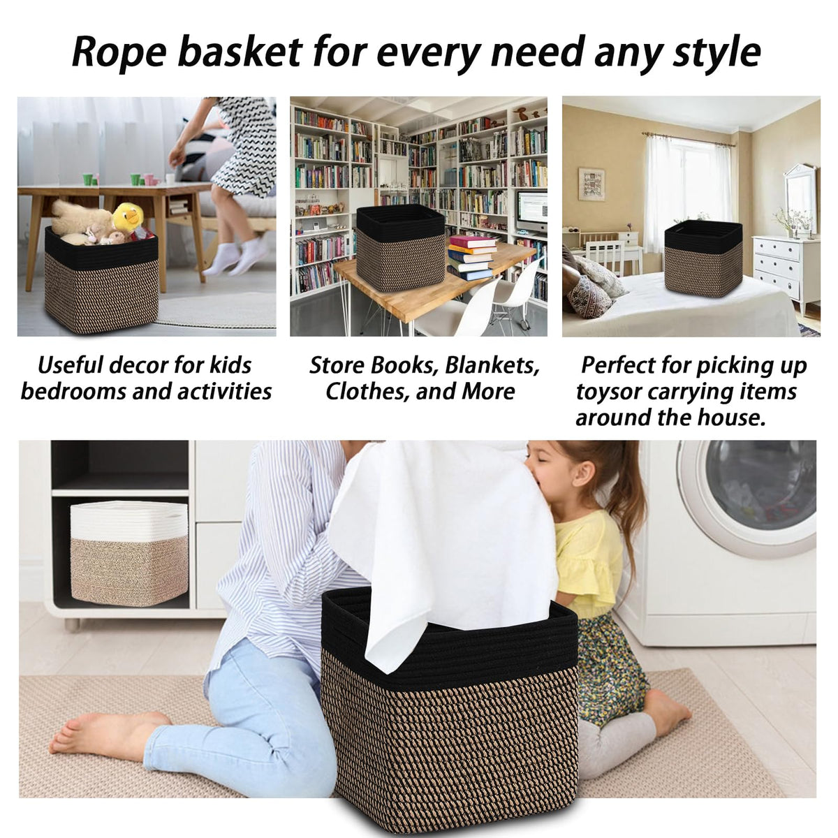 3PACK Cotton Rope Square Basket with Handles for Shelves