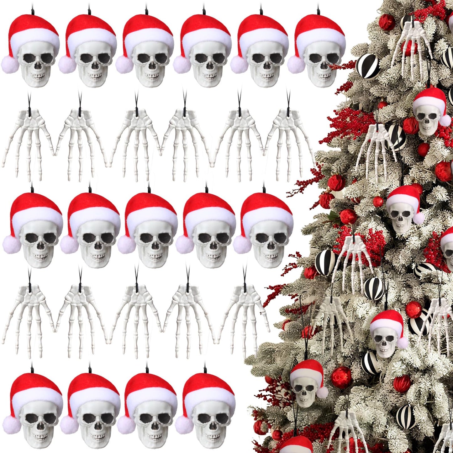 Soulchen 24 Pcs Christmas Gothic Decorations Skull Tree Hanging Ornament with Santa Hat Halloween Skulls Head and Hand Small Skeleton Decoration Spooky Christmas Hanging Ornament for Party Supply