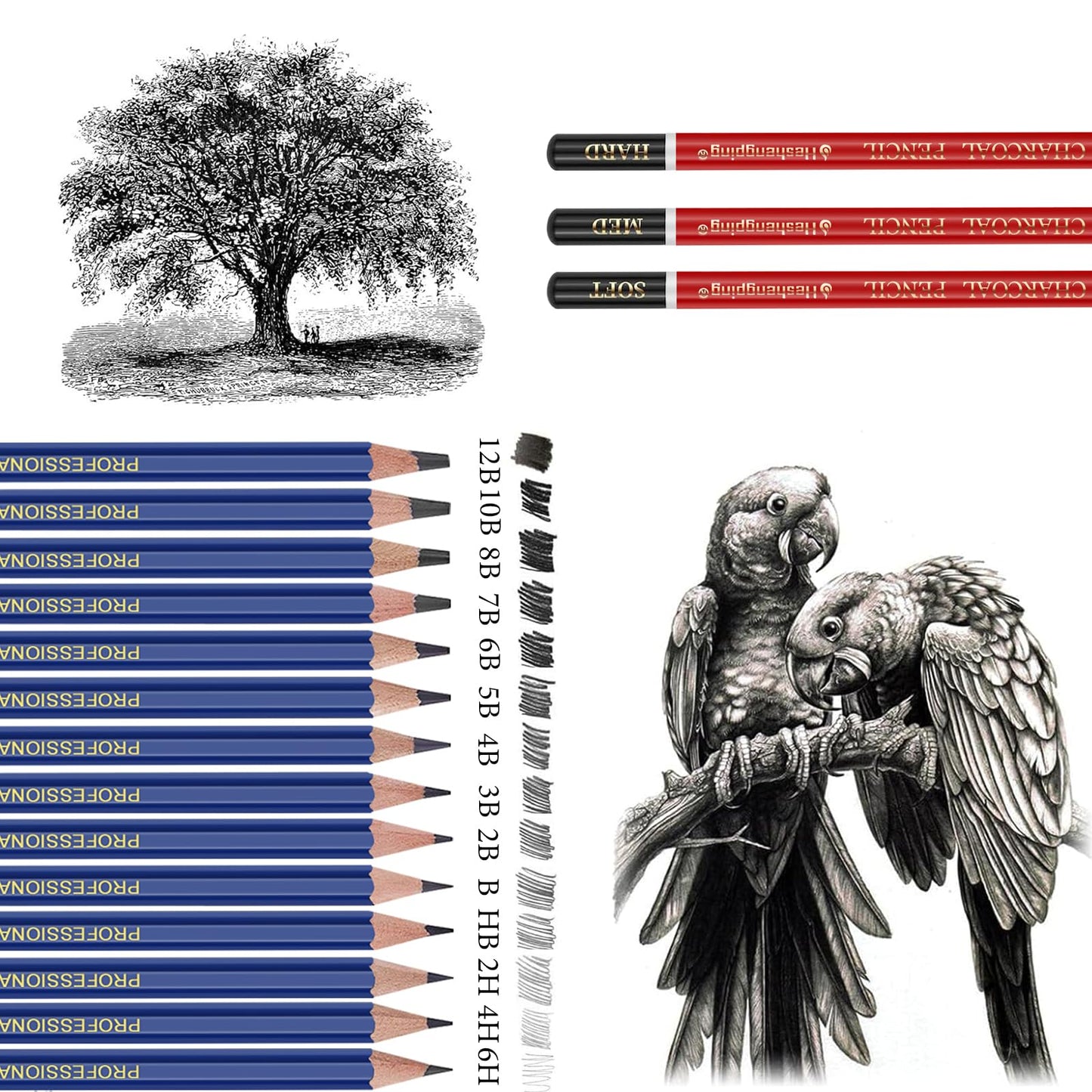 Drawing Sketching Pencil Set, 26 pcs Draw Supplies Kit, 14 Graphite (12B -6H), Charcoal Erasers Sharpener Extender, Ideal for Drawing Art, Sketching, Shading, Artist Pencils for Beginners Pro Artists