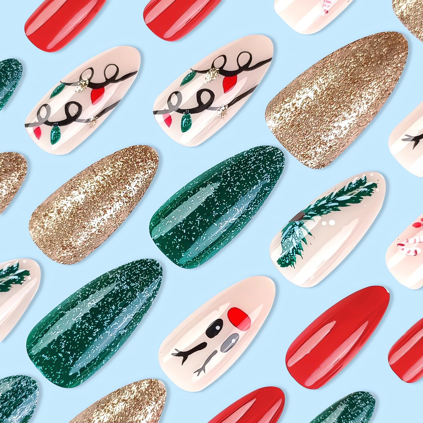 Cute Christmas Press on Nails Almond Fake Nails with Deer Glitter Cane Christmas Light Designs Medium Glue on Nails Glossy Winter False Nail Tips Full Cover Gel Artificial Nails Stick on Nails 24Pcs