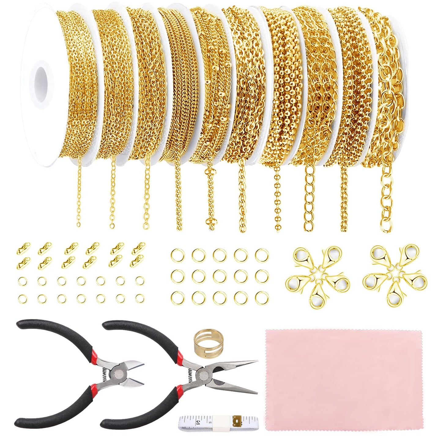 Fesorsi Gold Chain for Jewelry Making, 78.5ft 10 Style Steel Jewelry Chain, Electroplating Process, for DIY Necklace Chains, Tassel Pendants, with Jump Ring, Lobster Clasp, Pliers