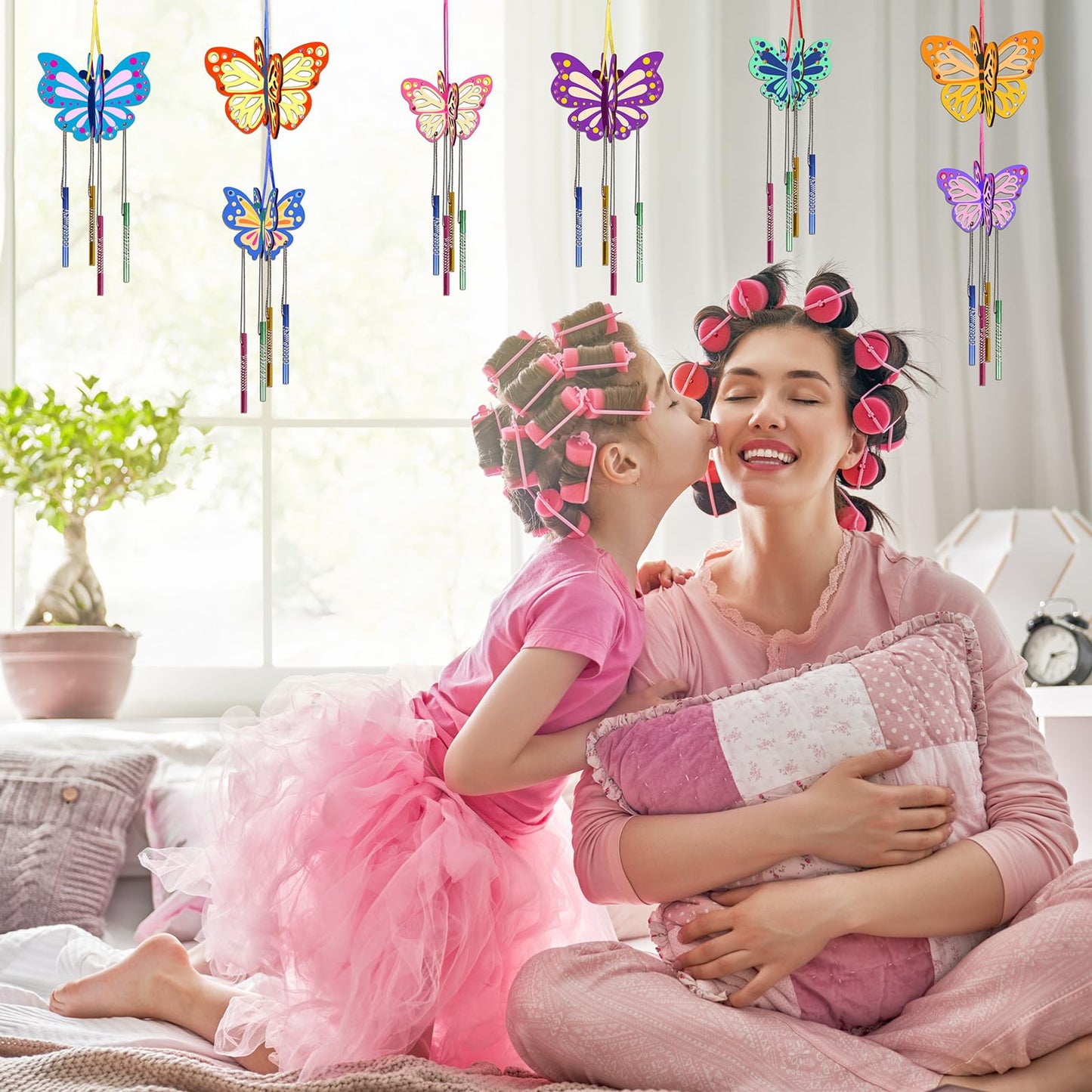 Fennoral 8 Pack 3D Butterfly Wind Chime Kit for Kids Make Your Own Butterfly Wind Chime Wooden Arts and Crafts for Kids DIY to Paint Butterfly Craft for Spring Art Activity Mother's Day Decoration