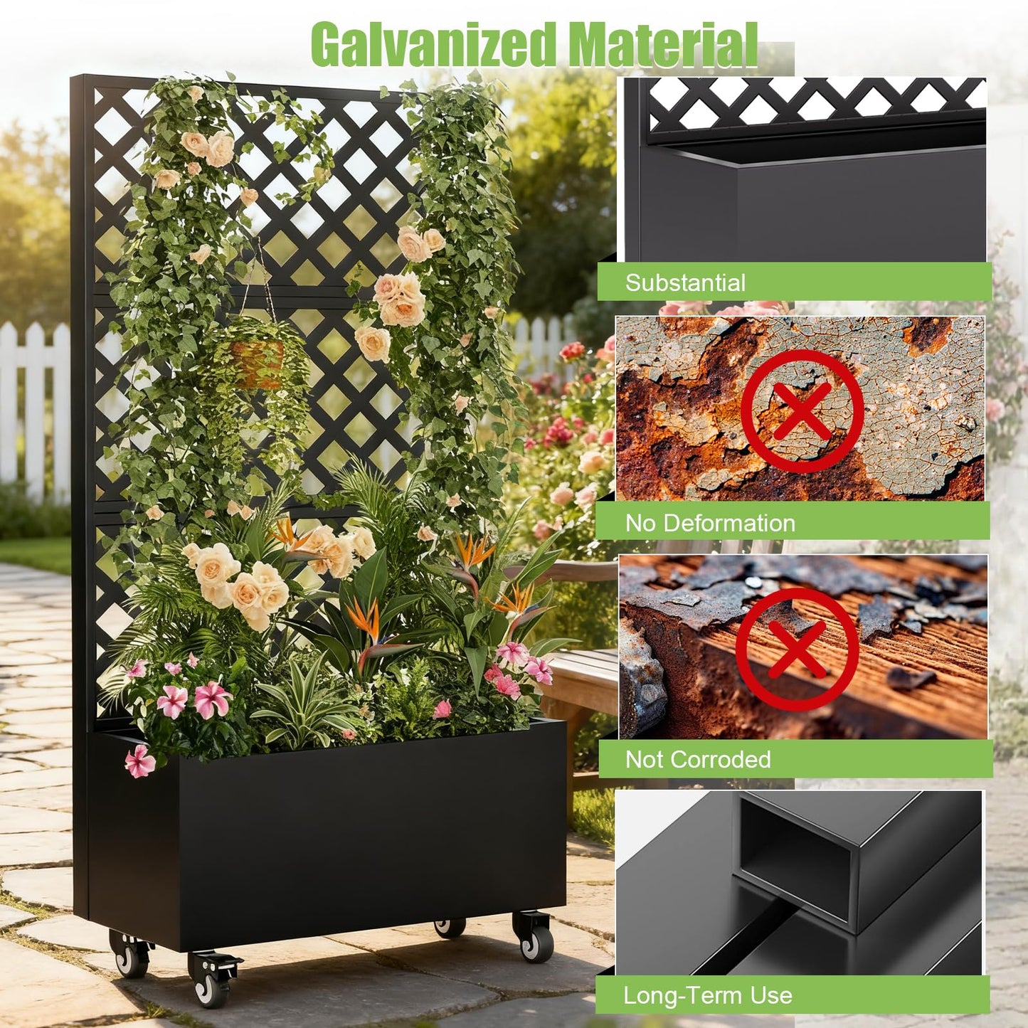 Luzfuego Metal Planter Box with Trellis, 72" Tall Outdoor Raised Garden Bed on Wheels, Flower Planter for Climbing Plants with Drainage Holes & Lockable Casters