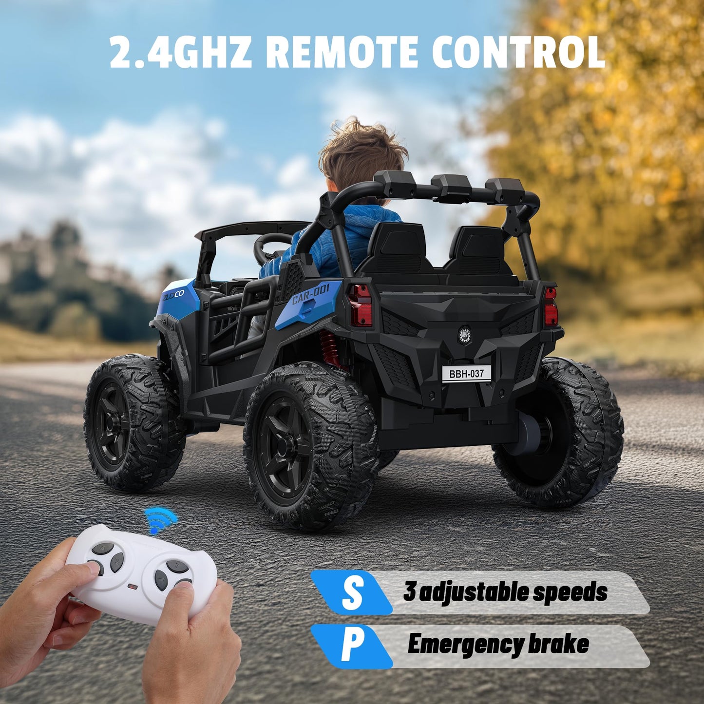 ARBELI 24V 2 Seater Ride on Car Truck 4x200W, EVA Tires, 4WD/2WD, Rainbow Lights, Remote Control, Shock Absorbers, Bluetooth, Ride on Toy for Big Kids Ages 3-8, Blue