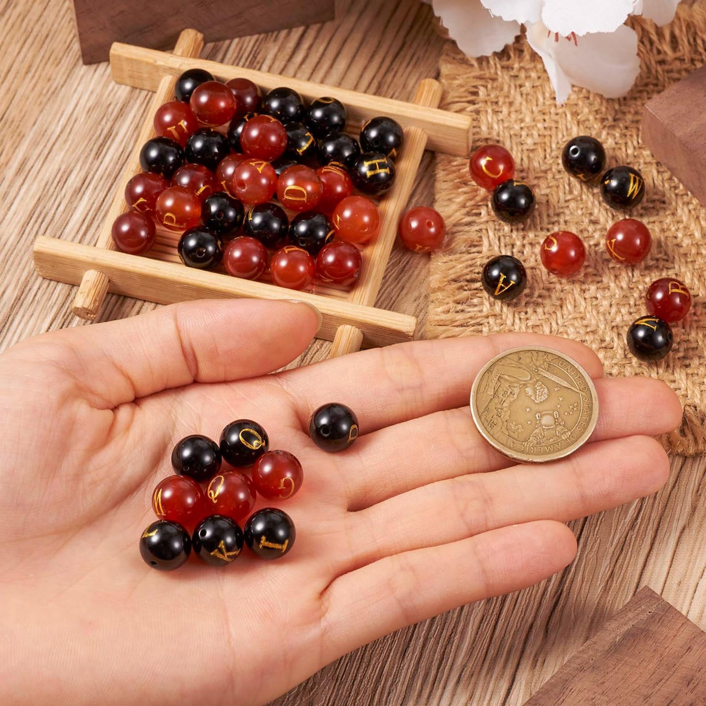 52Pcs 10mm Natural Agate Gemstone Beads A~Z Letter Beads Black Red Agate Stone Bead Natural Round Gemstone Alphabet Bead for DIY Name Bracelet Jewelry Making