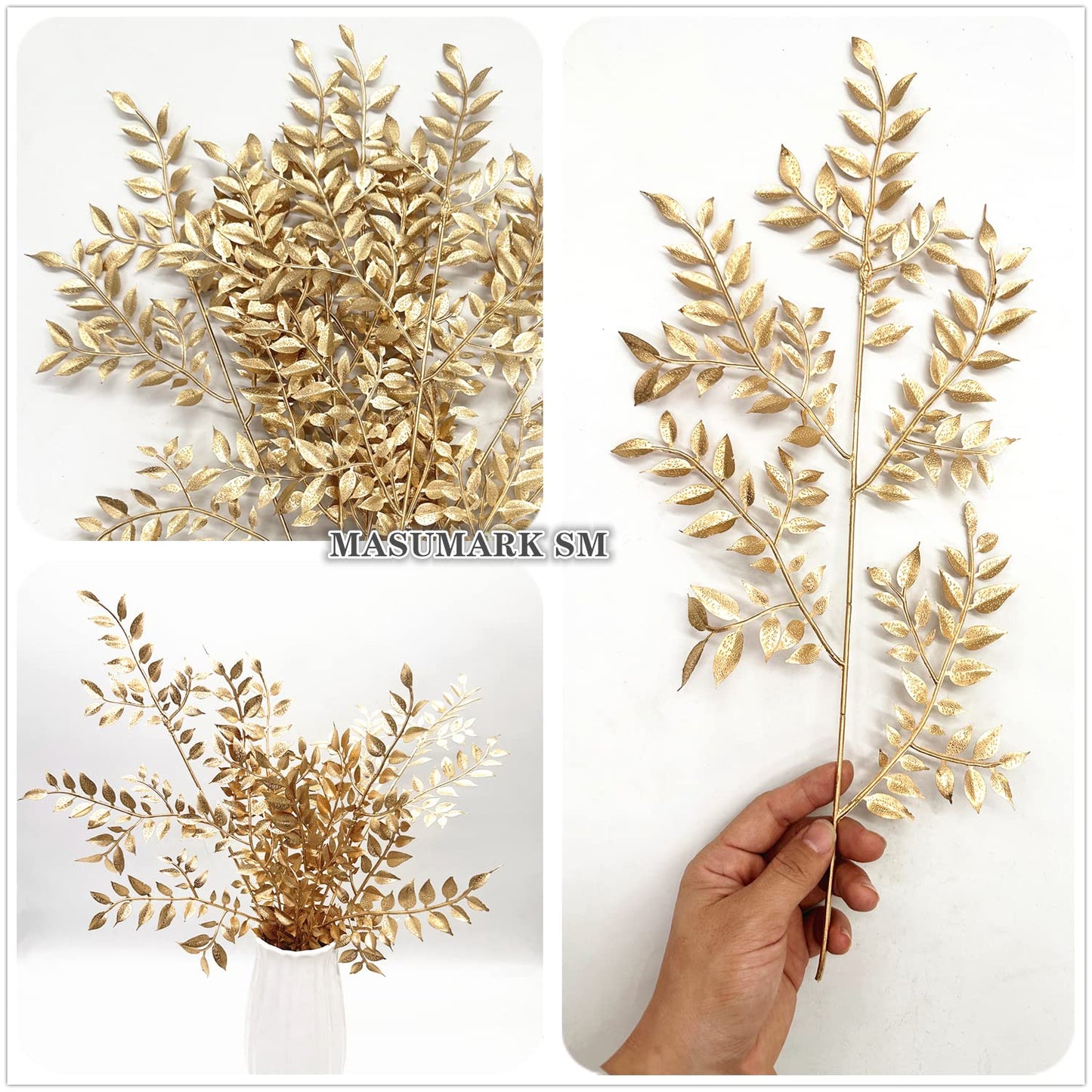 Fake Golden Leaves Plant for Christmas Decorations, Artificial Gold Plants Foliage Stems Plastic Simulation Faux Leaf Stem for Home Garden Wedding Party Decor DIY Glitter Crafts Gift Ornaments 5 Pcs