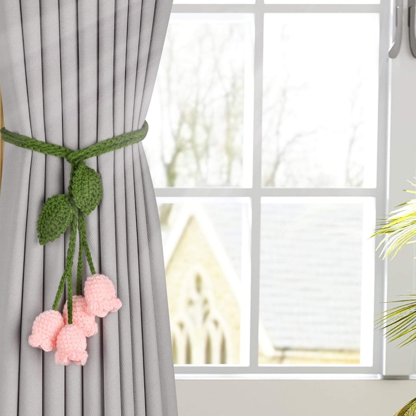 OCIOLI 2 Pack Boho Handmade Flower Curtain Tiebacks Curtain Holdbacks - No Drill Rope Curtain Holder, Drapery Holdback Decorative Pull Backs for Nursery & Bedroom Decor (2, Pink Lily of The Valley)