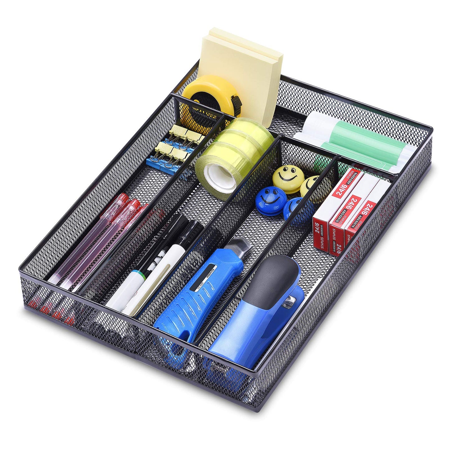 WuGeShop Office Desk Drawer Organizer, 5 Compartments Mesh Drawer Organizer Tray for Storage Art Supplies, Stationery, Black