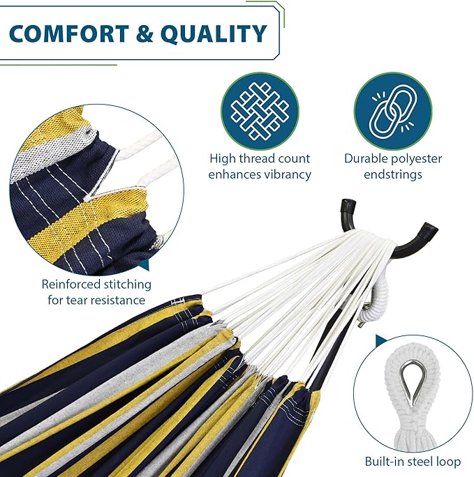 Vivere Double Cotton Hammock with Space Saving Steel Stand, Upgraded Polyester End Strings 450 lb Capacity - Premium Carry Bag Included -(Serenity)