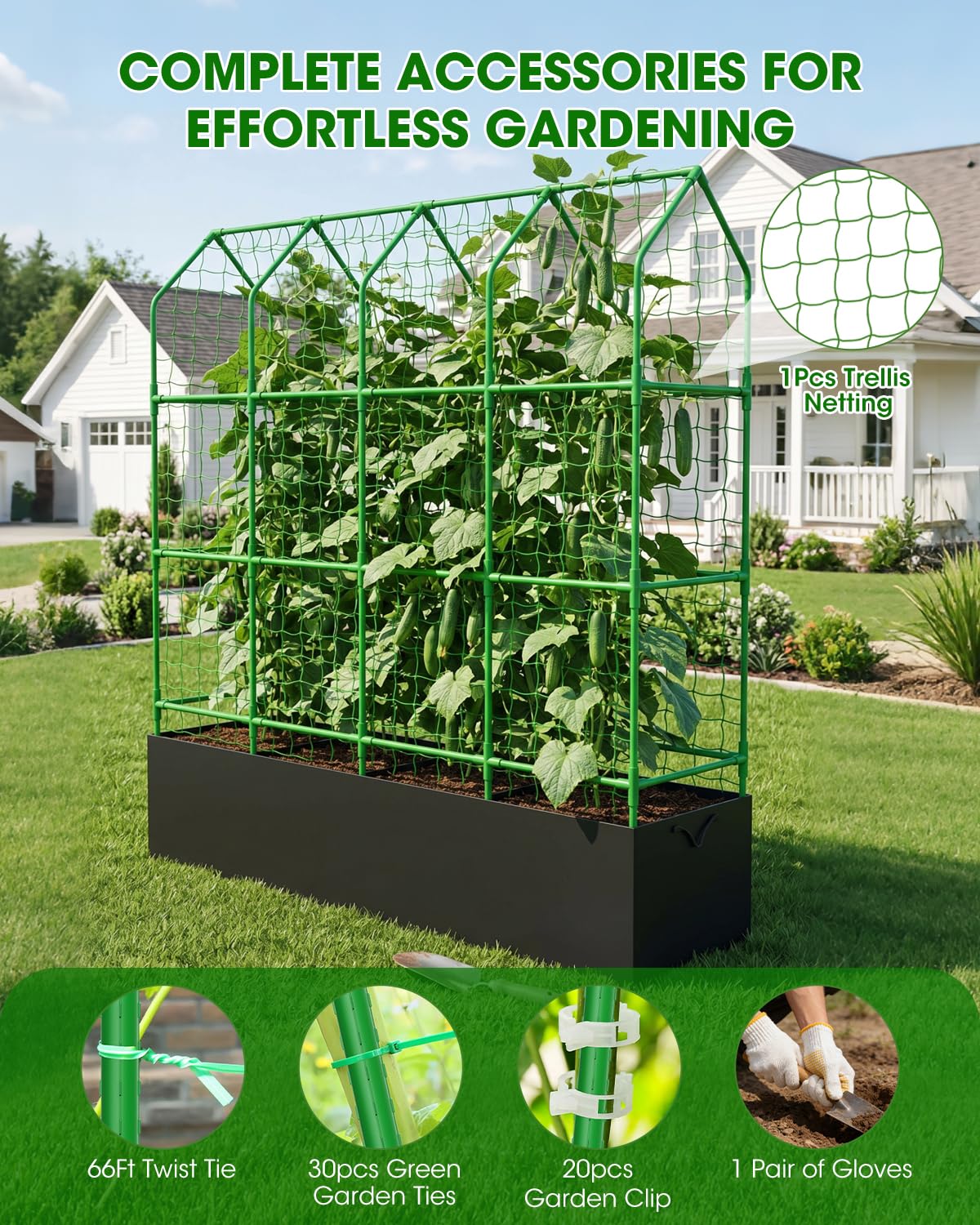 65" Cucumber Planter with Trellis for Climbing Plants Outdoor, Metal Garden Trellis for Raised Bed, Plant Support Structures with Netting for Cucumbers Tomatoes Beans Peas (67 * 17 * 65inch(L*W*H)