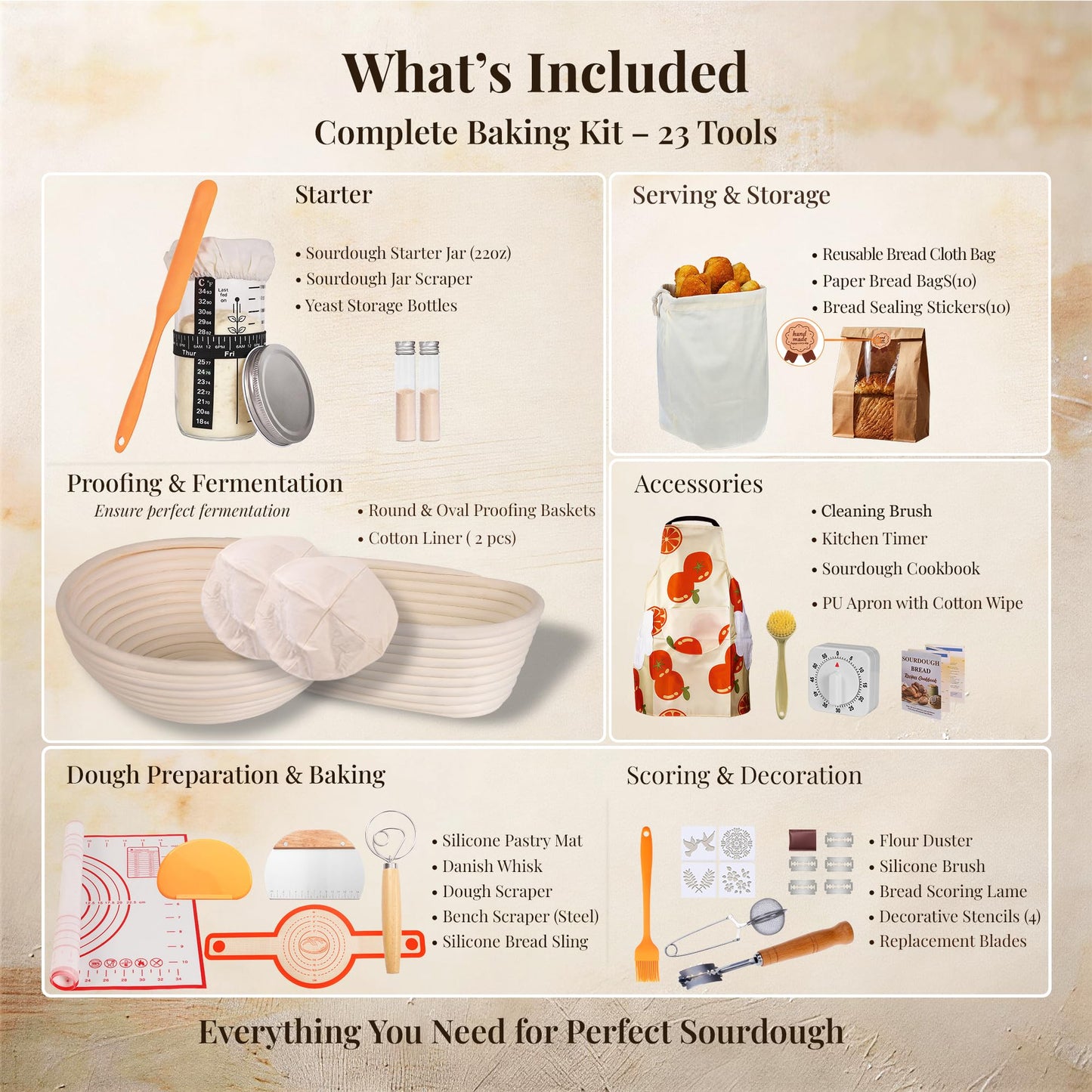 sixiangLC Sourdough Starter Kit, 23-Piece Bread Baking Set with Banneton Proofing Baskets Round & Oval, Starter Jar, Lame, Dough Whisk, Scraper & Sling - Sourdough Baking Supplies Gift for Beginners