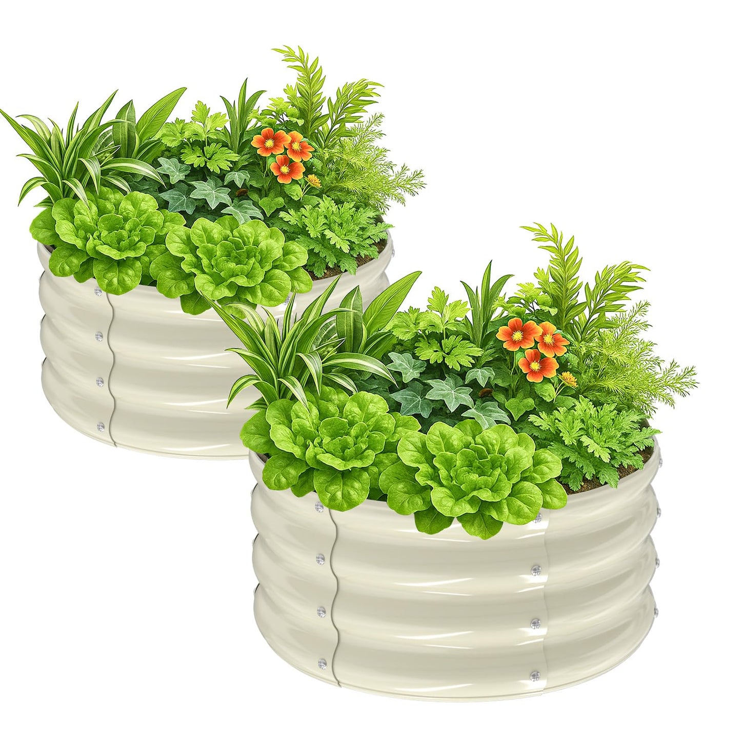 VINGLI 2 PCS Galvanized Raised Garden Beds Outdoor, 2x2x1ft Round Raised Planter Boxes Outdoor, Metal Raised Garden Bed for Vegetables (White)