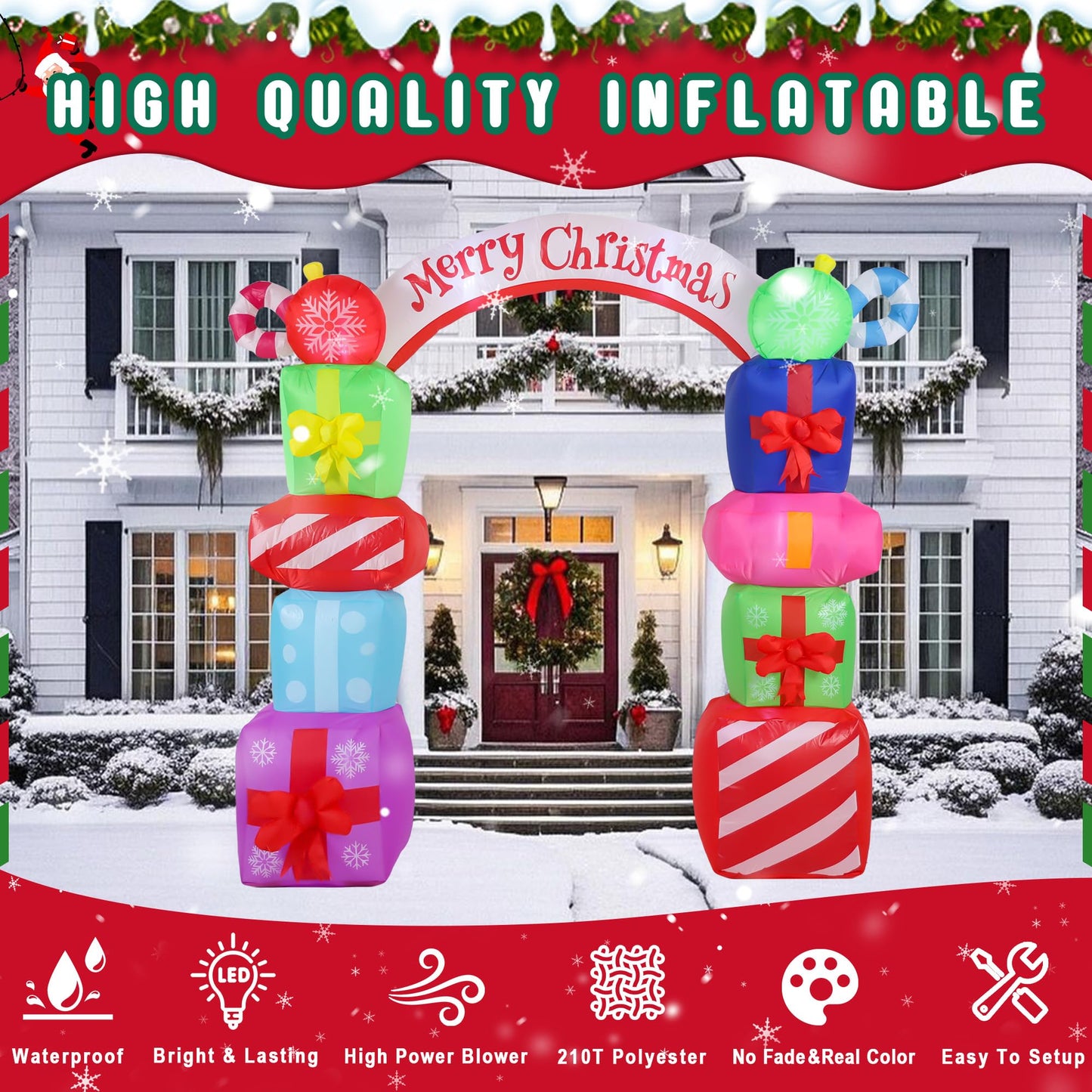 9FT Christmas Inflatables Decorations, Outdoor Gift Boxes Arch Giant Blow Up with Built-in LED Lights for Yard Garden Lawn Holiday Decor