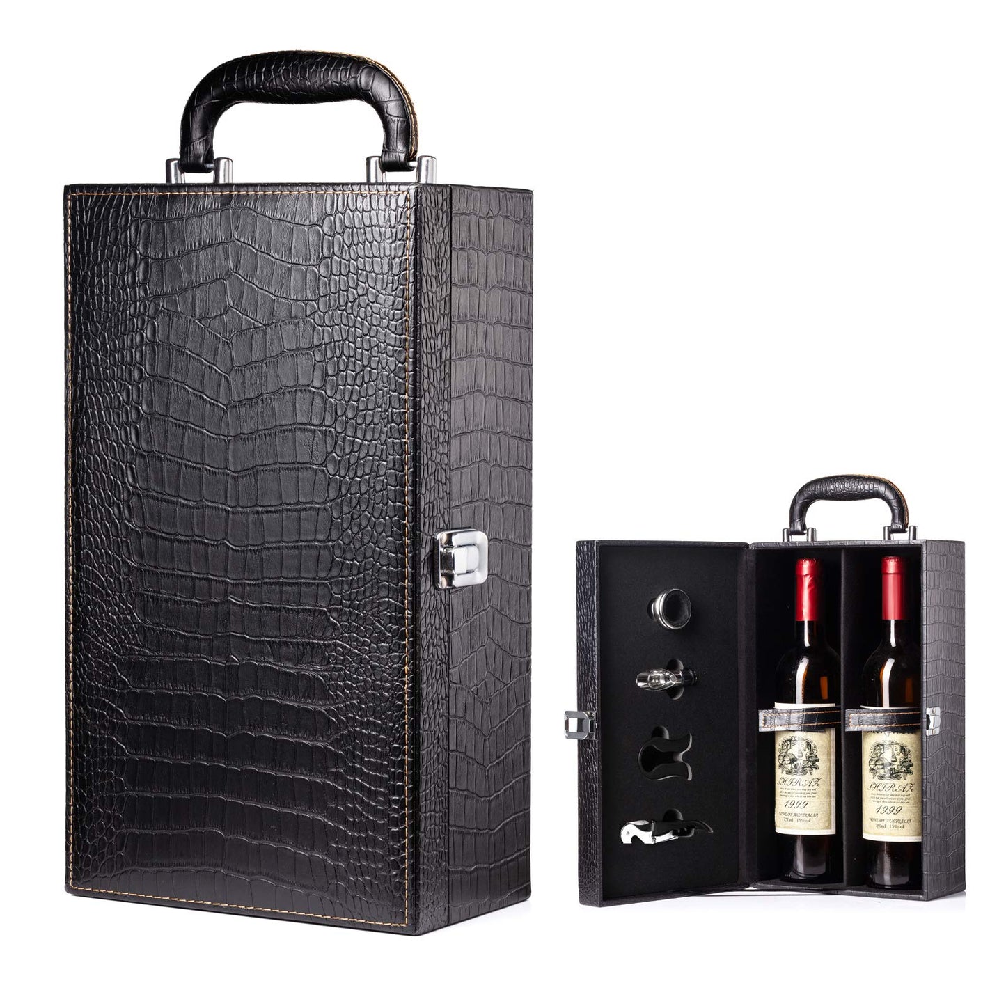 HiCrast Premium Leatherette Wine Carrier, 2 Bottle Handmade Top Handle Travel Gift Box With 4 Accessories