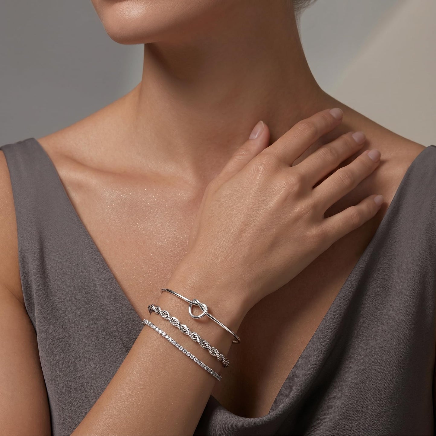 Poxtex Silver Cuff Bracelets Set for Women, 3 Pcs Stackable Rope Open Bangles, Cubic Zirconia Tennis, Stardust Thin Polished Band, Non Tarnish Stainless Steel Jewelry Gifts
