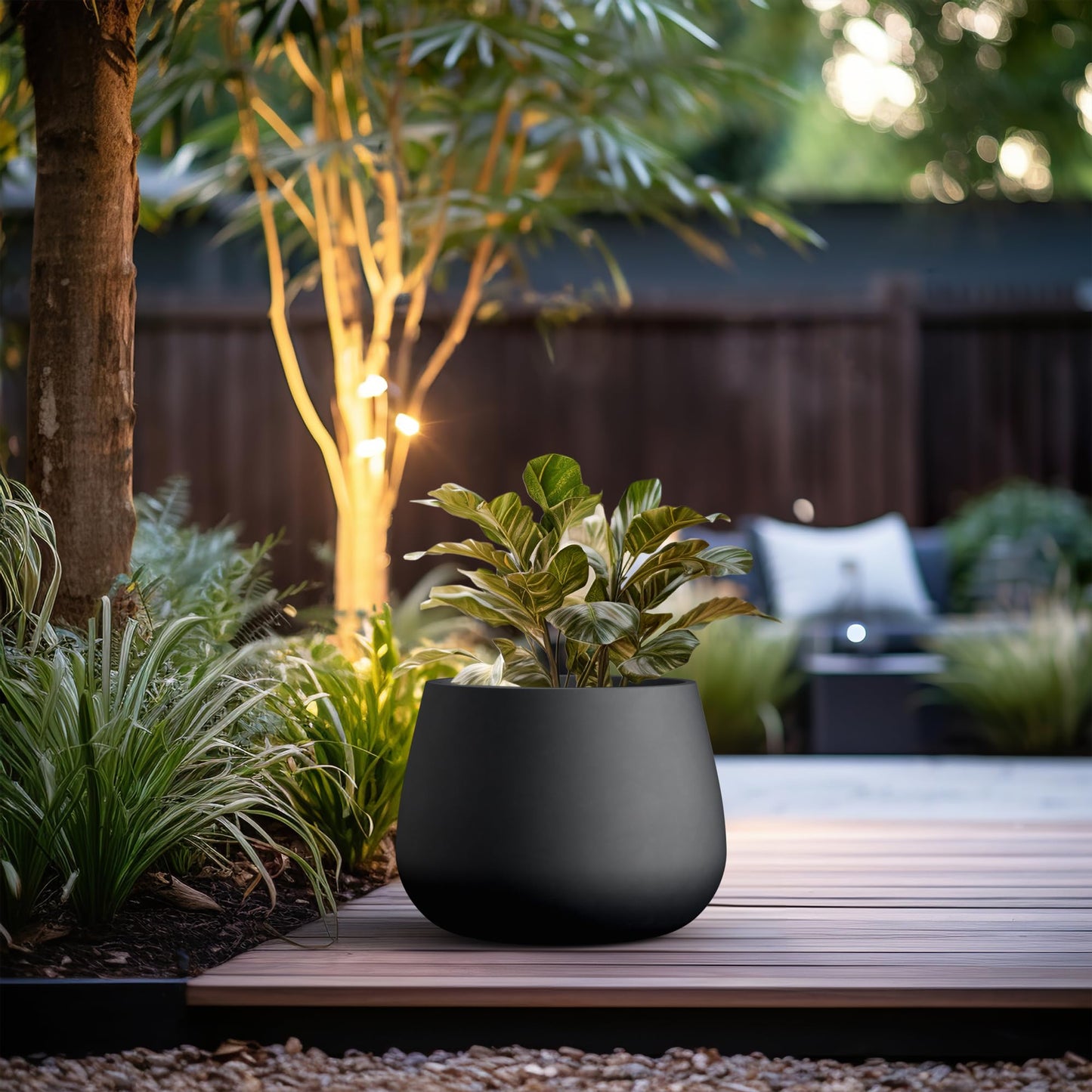Kante 18.1" Dia Round Concrete Planter, Curva Style Garden Pot with Drainage Hole for Indoor & Outdoor Plants, Ideal for Tree, Flowers, Shrubs, Black Finish with Painted Interior