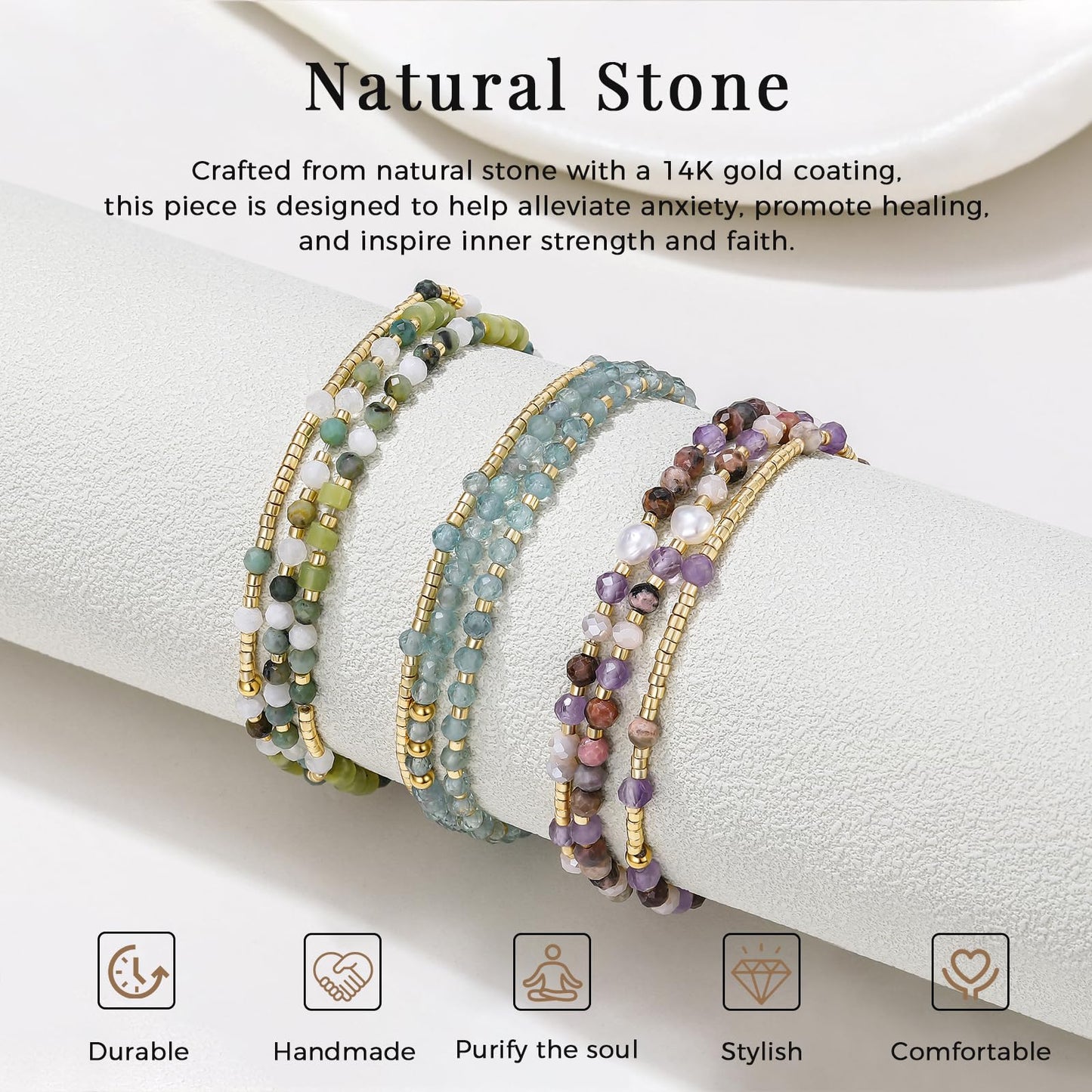 POMODA Beaded Bracelets Stack for Women Small Beaded Stretch Stone Bracelets Stackable Gemstone Crystal Dainty Boho 14K Gold Plated Beads Anklets Necklace Summer Jewelry for Women