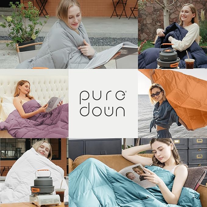 puredown® Upgraded Feather Down Throw Blanket – 12oz Enhanced Filling for Better Warmth & Comfort, Lightweight & Packable, 50" x 70", Gray