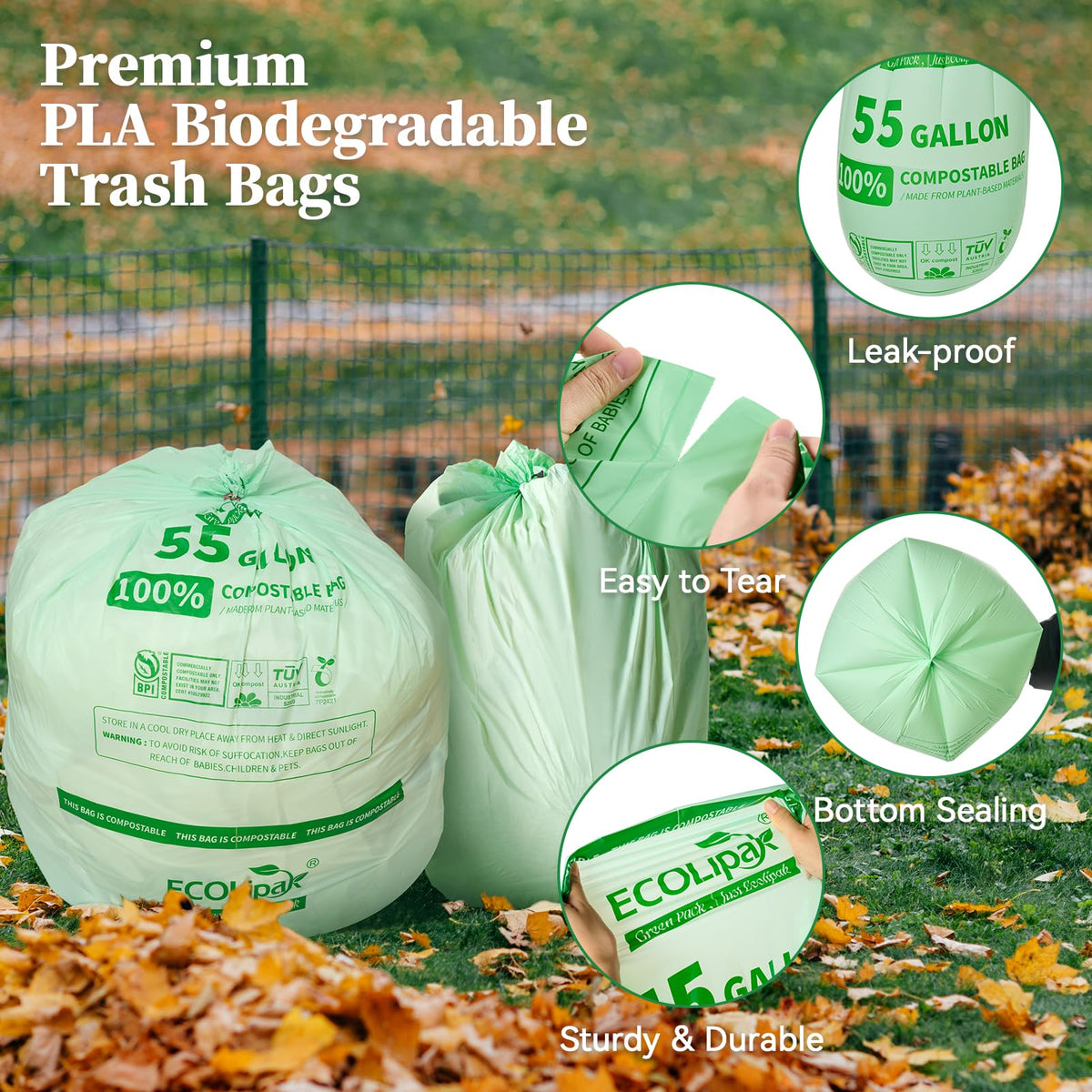 55 Gallon 12 Count Large Compostable Trash Garbage Bags for Lawn