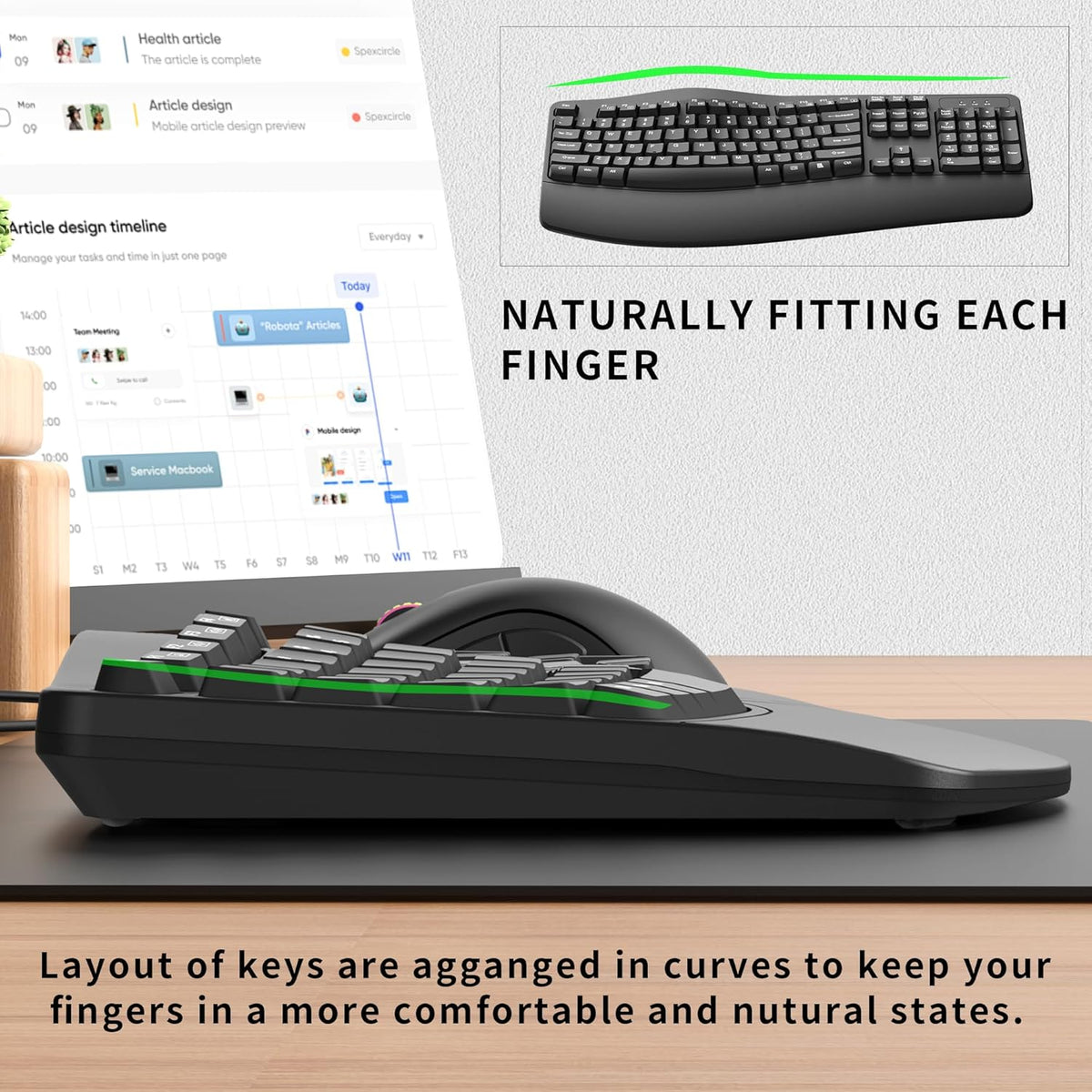 Ergonomic Keyboard, Wired Computer USB Keyboard with Wrist Rest, Spill-Resistant, Wave Keys for Natural Typing, Compatible with Windows/PC/Laptop(Black)