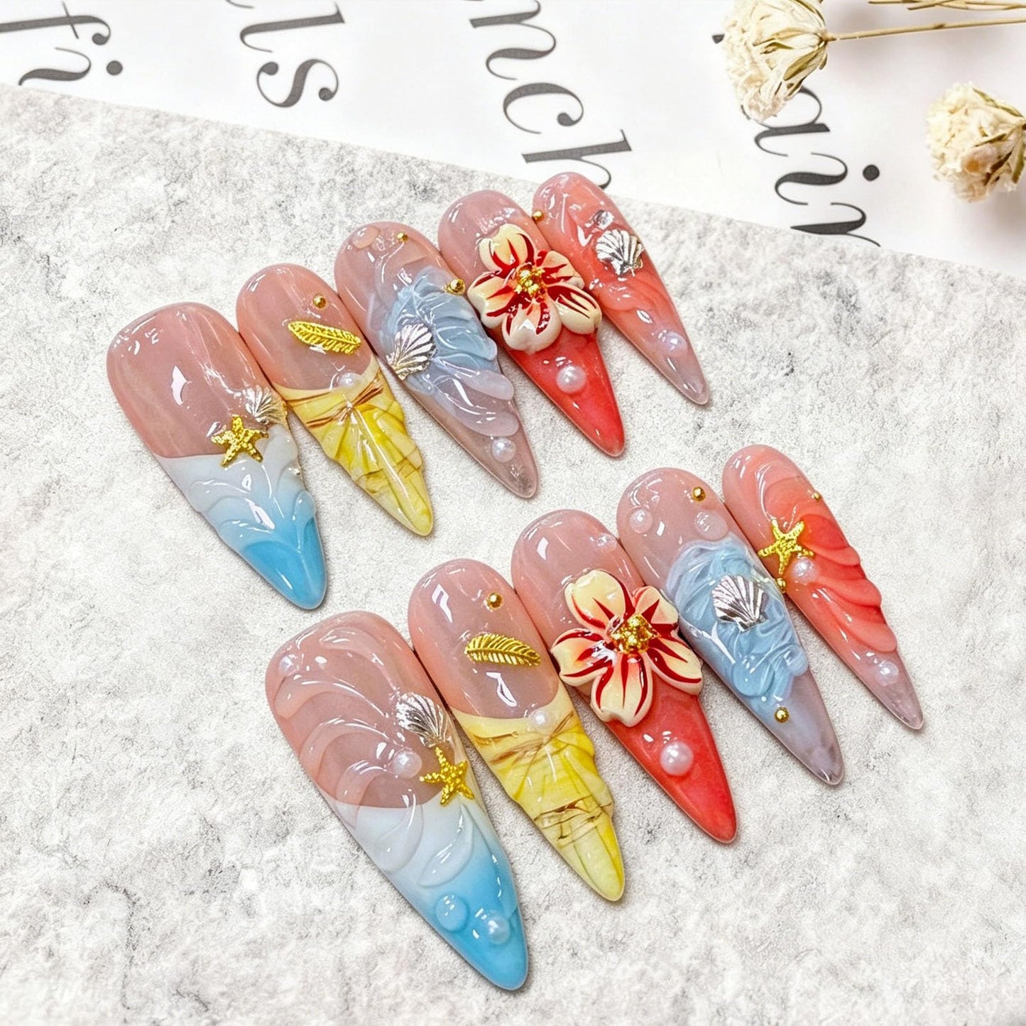 10 Pcs Handmade Press on Nails Long Stiletto Fake Nails with Design 3D French Tip Flower False Nails Nude Acrylic Long Stiletto Press Ons Nails for Women Wedding Party - Size M