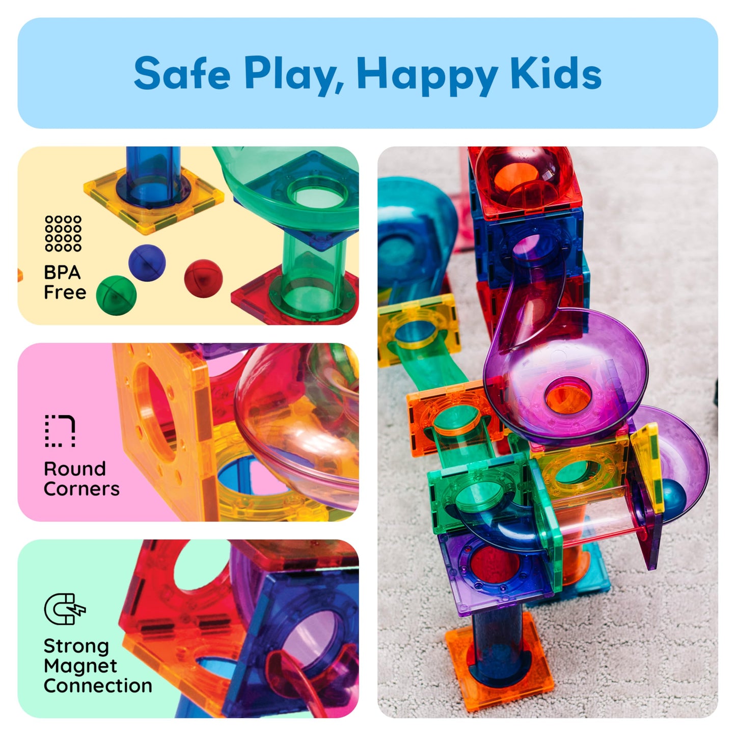 PicassoTiles 100pc Magnetic Marble Run Set with Racing Track Tiles Funnels Curved Slopes and Steel Balls for Kids STEM Construction Indoor Learning Toy that Promotes Focus and Problem Solving PTG100