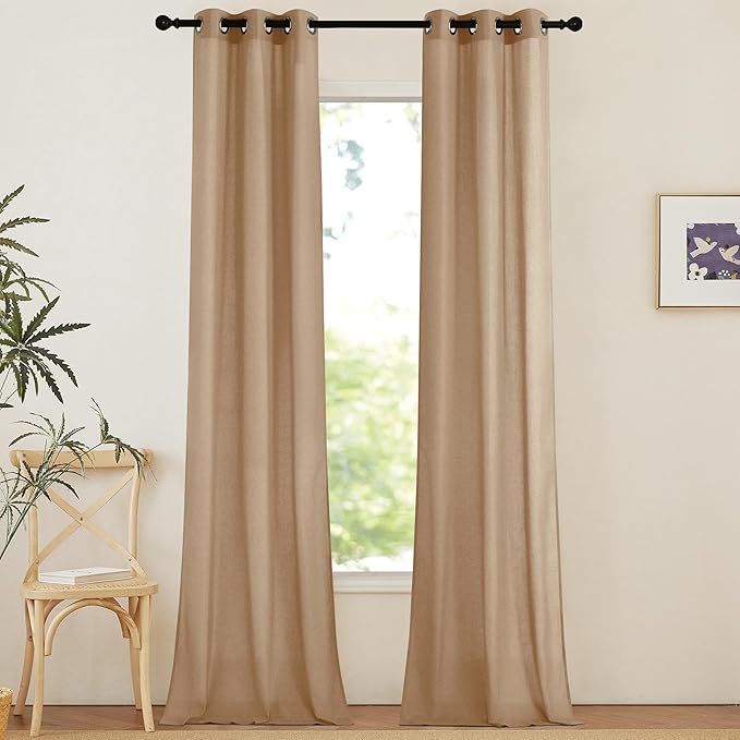 NICETOWN Linen Curtains 96 inches Long for Living Room, Grommet Semi Sheer Drapes Linen Weave Window Treatments Privacy Added with Light Filtering for Bedroom, Camel, W34 x L96, 2 Panels