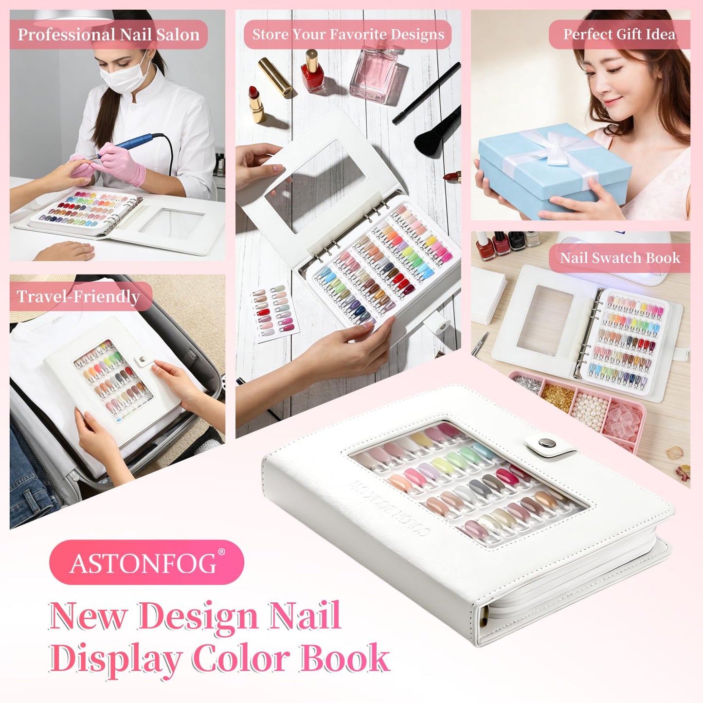 ASTONFOG Nail Color Swatch Book Professional Nail Display Book for Gel Polish Nail Art Design Nail Swatches Chart Book with 150 Clear Replacement Nail Tips Salon Home Use