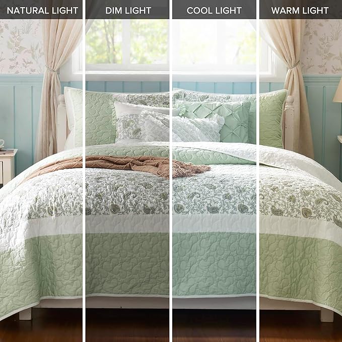 Madison Park Queen Quilt Set Cotton Coverlet Set with Cotton Filling for Queen Size Bed, All Season, Lightweight Queen Cotton Quilt Include Shams, & Décor Pillows, Dawn, Full/Queen Sage Green 6 Piece