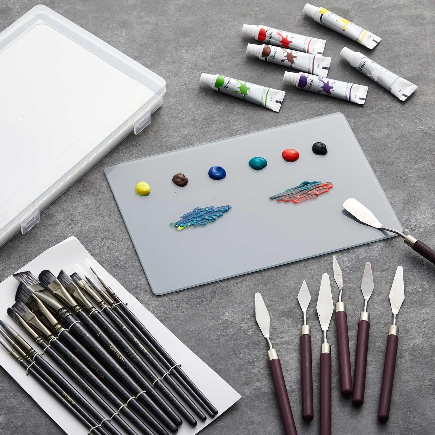 Nuanchu 22 Pcs Painting Starter Kit for Beginners, Tempered Glass Paint Palette, Stay Wet Palette Box with Lid, Brushes, Knives, Sponge, All-in-one Art Set Gift for Beginners, Artists & Painters