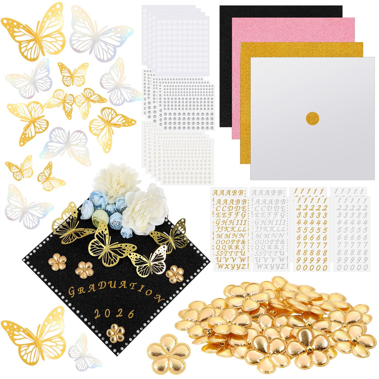 Colarr 68 Pcs Graduation Cap Decorations Kit 2026 Glitter Construction Paper Gold Artificial Flower 3D Butterfly Stickers Glitter Rhinestones Alphabet Letter Number Stickers for DIY Grad Cap Topper