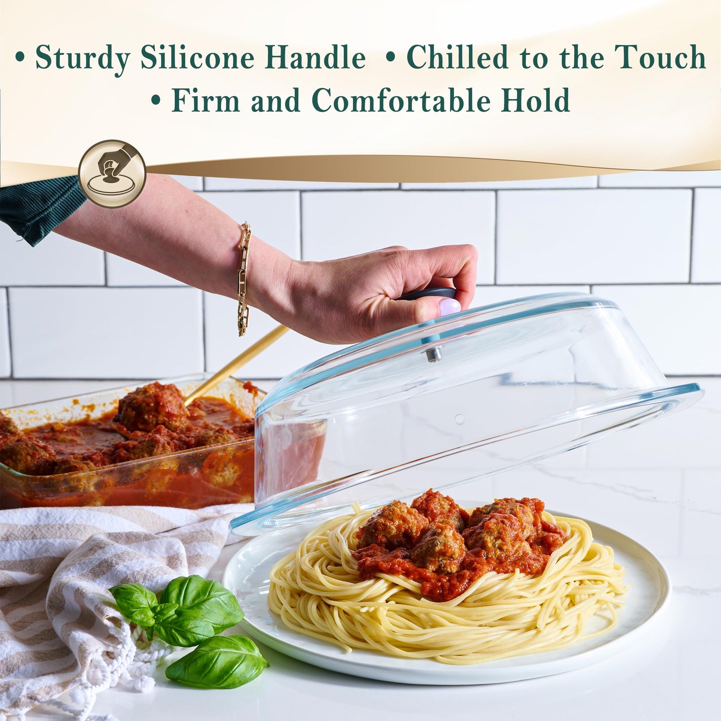 Le’raze Tall Glass Microwave Splatter Cover for Food - Cookware & Bakeware Serving Dish Cover, Plate Guard Lid with Easy Grip Silicone Handle Knob - 100% Food Grade BPA Free & Dishwasher Safe - 10in