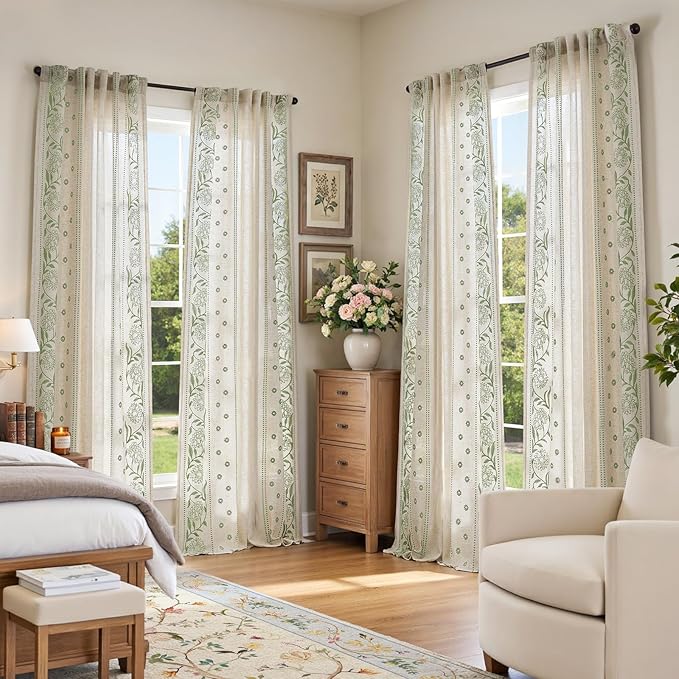 jinchan Winslow 4 Panel Curtains Set 84 Inch Length Embroidered Bordered Floral Curtains for Living Room Farmhouse Decor Light Filtering Window Treatments Sage on Beige Drapes 4 Panels