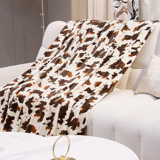 Small Blankets for Kids - Cute Soft Cow Print Fleece Throws, Brown & White Cozy Decor for Crib, Stroller, Car Seat, Couch - Lightweight Cozy Gifts for Boys Girls, Playroom Essentials 40"x50"