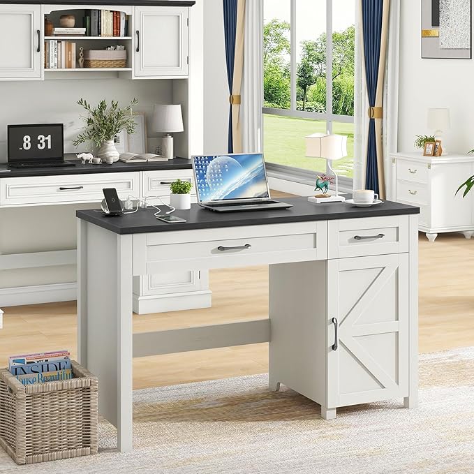 Vabches Farmhouse 47" Executive Desk, Computer Desks with Drawers and Storage Cabinet, Workstation Computer Desk for Home Office, Study.(Black).
