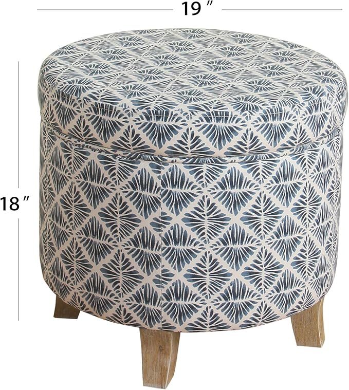 Homepop Home Decor | Upholstered Round Storage Ottoman | Ottoman with Storage for Living Room & Bedroom with Flared Legs, Navy Blue Geometric Pattern Large