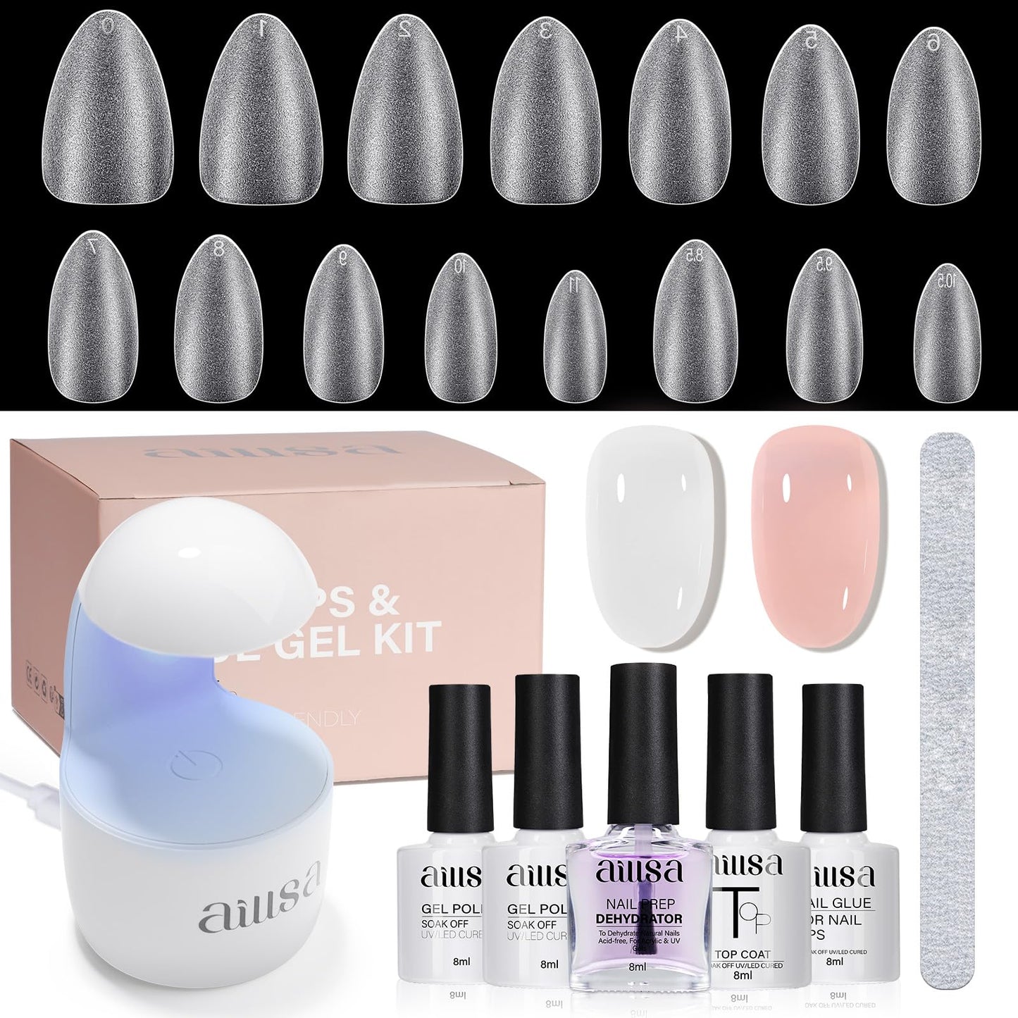 AILLSA Almond Nail Kit with U V Lamp 240pcs Short Gel Nail Tips and Glue Gel Kit with 2 in 1 Nail Glue Base Top Coat and Nail Dehydrator for Beginners DIY Home Salon
