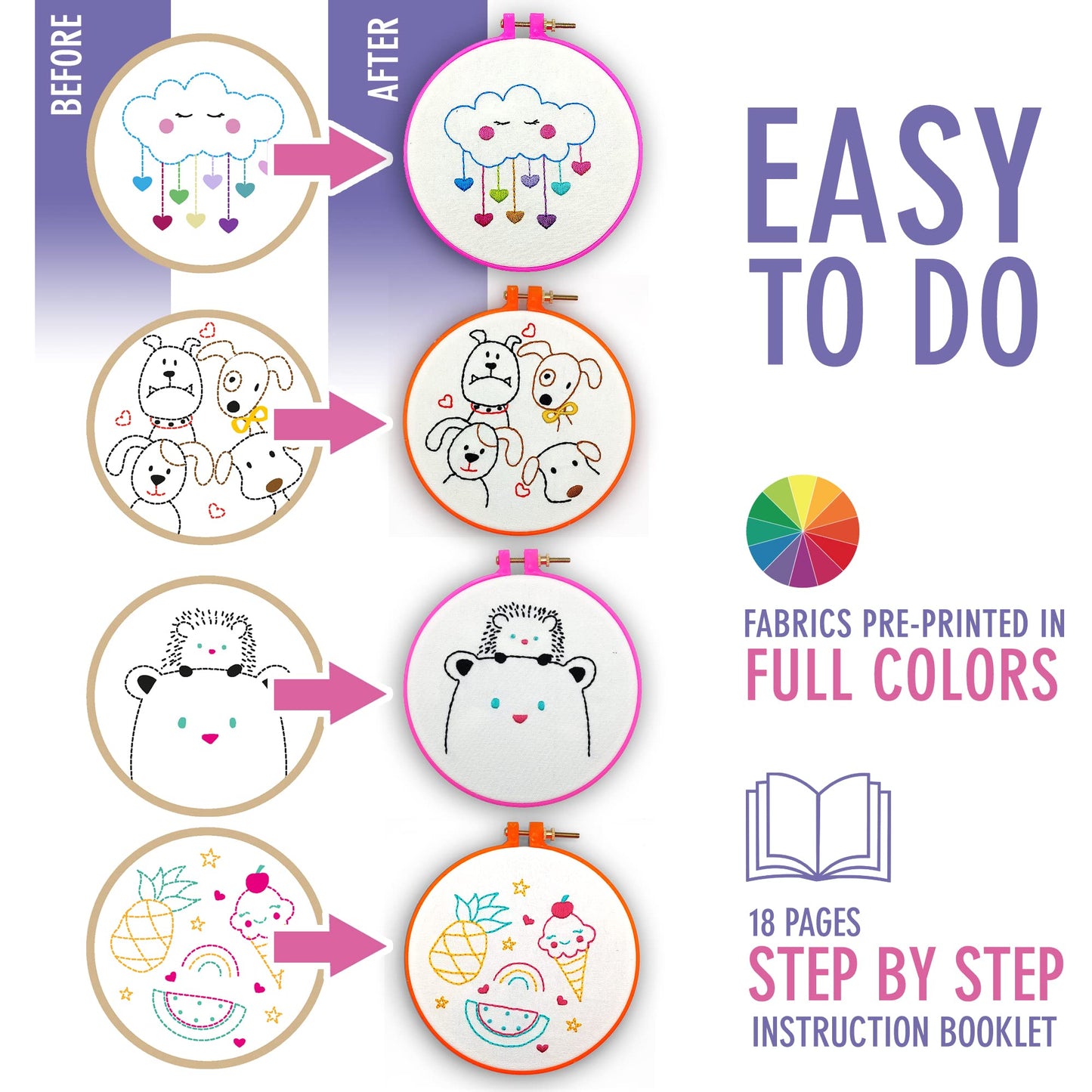 10 Pre-Stamped Embroidery Patterns for Beginners Embroidery Kit for Kids Girls Needlepoint Kits for Beginners Cross Stitch Craft Sewing Perfect for Ages 7-13