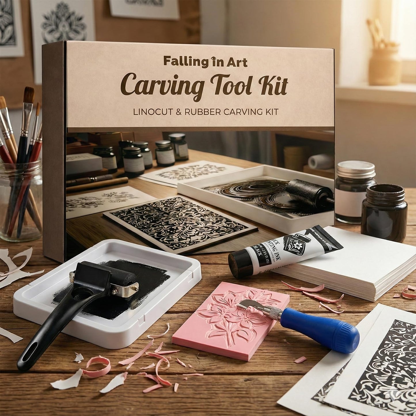 Falling in Art Linocut Kit for Printmaking, Rubber Block Stamp Printing Kit with Linoleum Blocks, Ink Paint and Brayer, DIY Carving Gift for Beginners and Artists