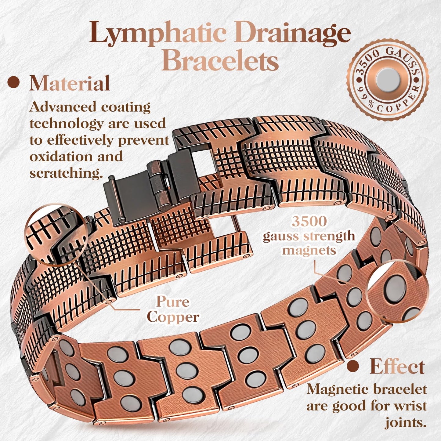 Mahnco Copper Bracelet for Men, 3X Ultra Strength 99.99% Pure Copper Magnetic Bracelets with Magnets,Magnetic Jewelry with Adjustable Sizing Tool