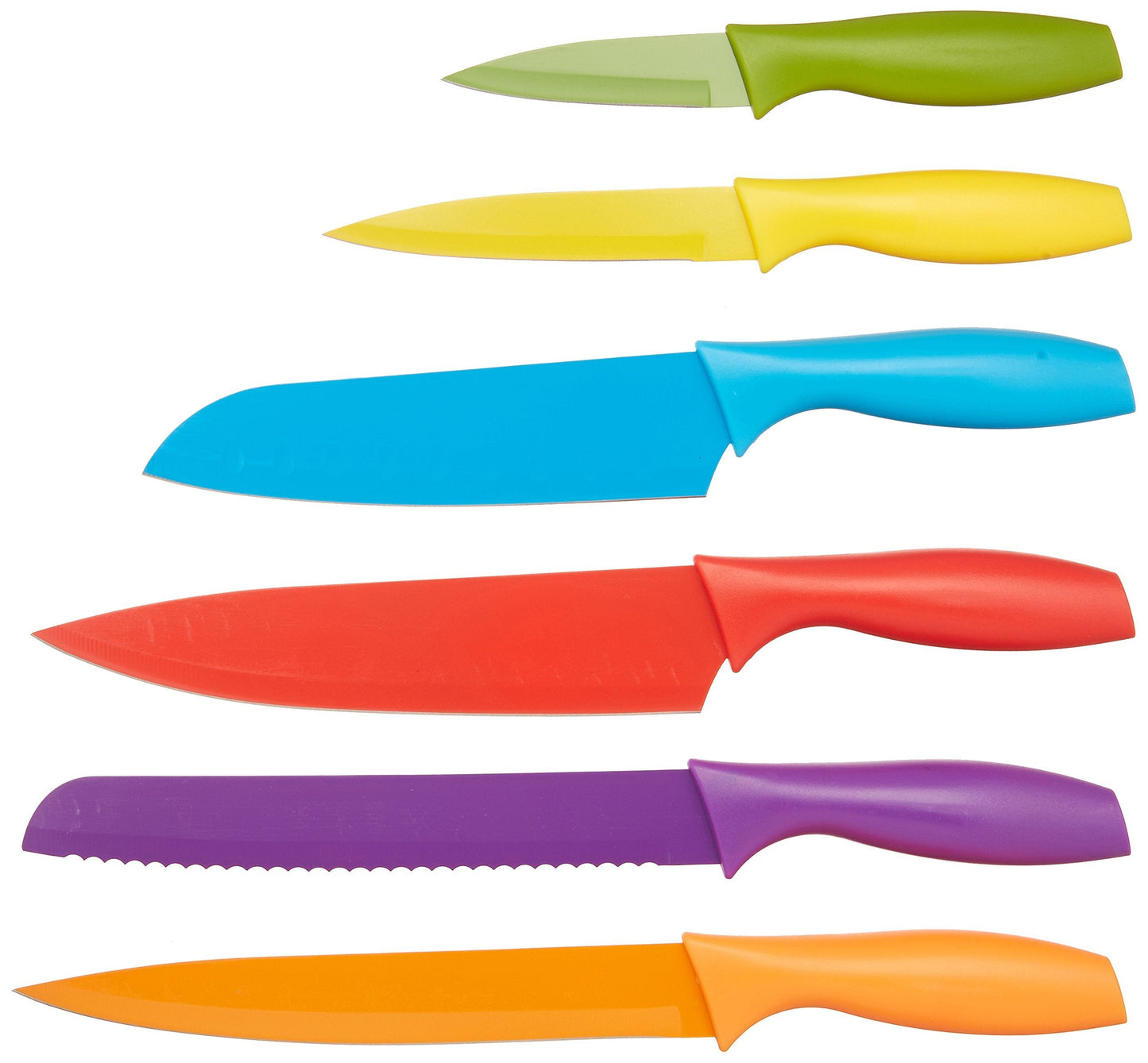 Amazon Basics Color-Coded Dishwasher Safe Kitchen Knife Set, 12-Piece with Ergonomic Handles, Non-stick Sharp Blades, 6 Knives with 6 Blade Guards, Multicolor, 13.88 x 4.13 x 1.38 inch