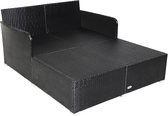 HAPPYGRILL Outdoor Rattan Daybed Patio Loveseat Sofa Set with Padded Cushion Pillows and Sturdy Aluminum Foot Wicker Patio Furniture for Garden Porch Poolside