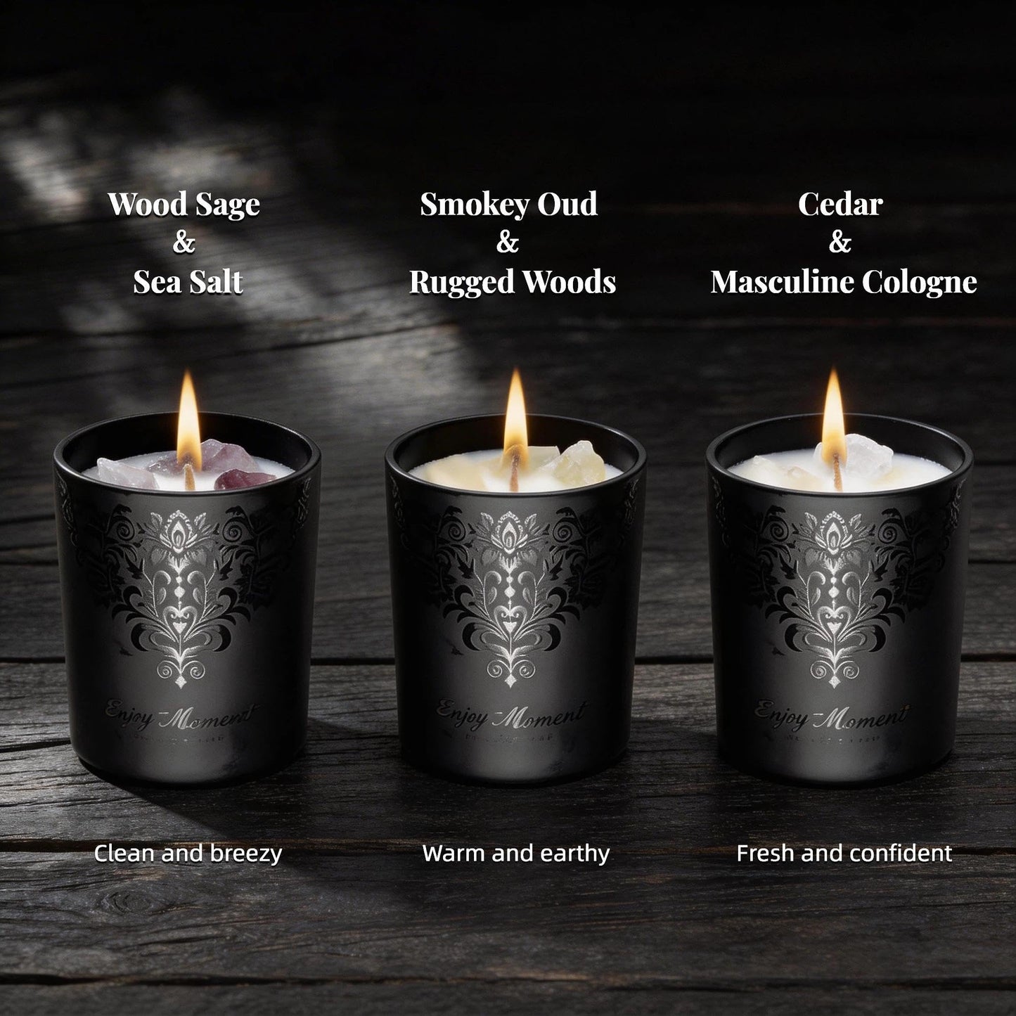 Luxury Black Crystal Candle Gift Set for Men 3 Pack 7oz Soy & Beeswax Candles with Real Natural Crystals, Zinc Alloy Lids & Wick Trimmer, 120H Burn Time, Masculine Woodsy Home Fragrance