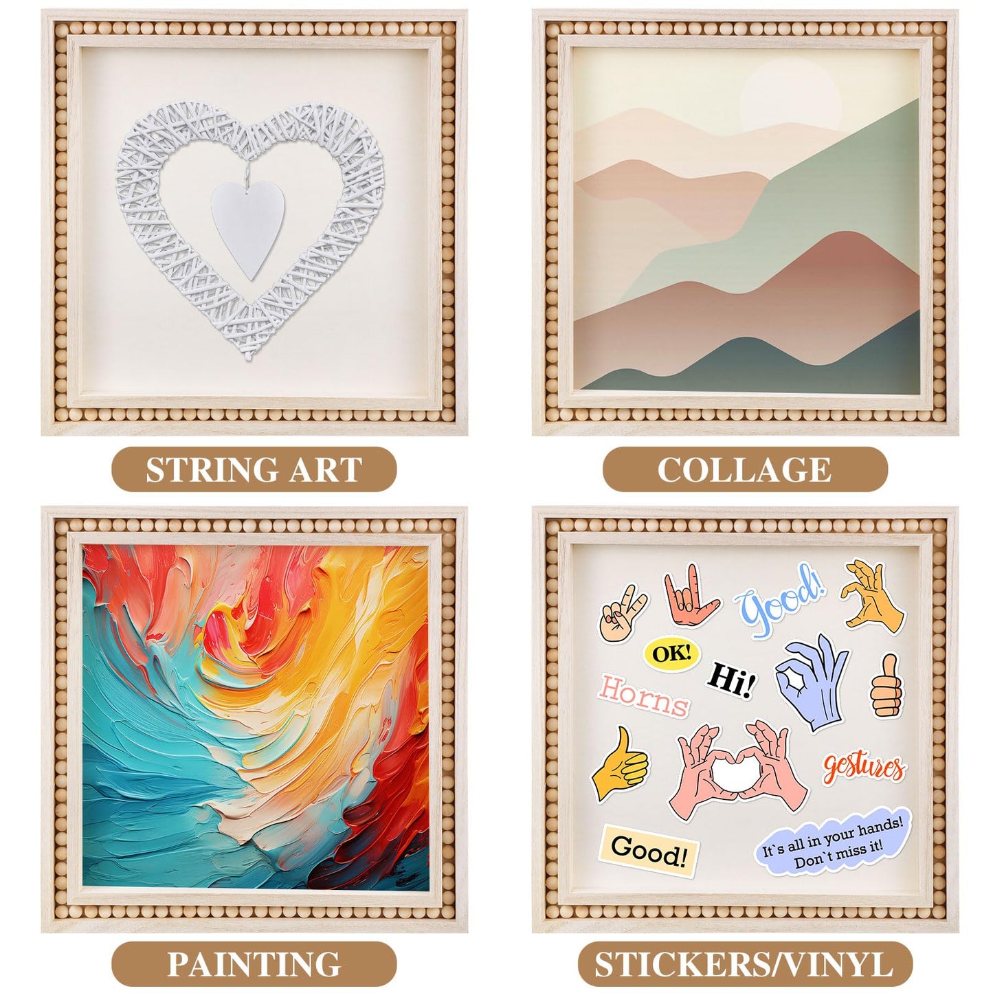 Wenqik 4 Pack Beaded Wood Canvas Panels Unfinished Wooden Blank Framed Signs Boho Style Panel Boards Square Plaques for DIY Crafts Painting Pouring Drawing Art Projects(8 x 8 Inch)